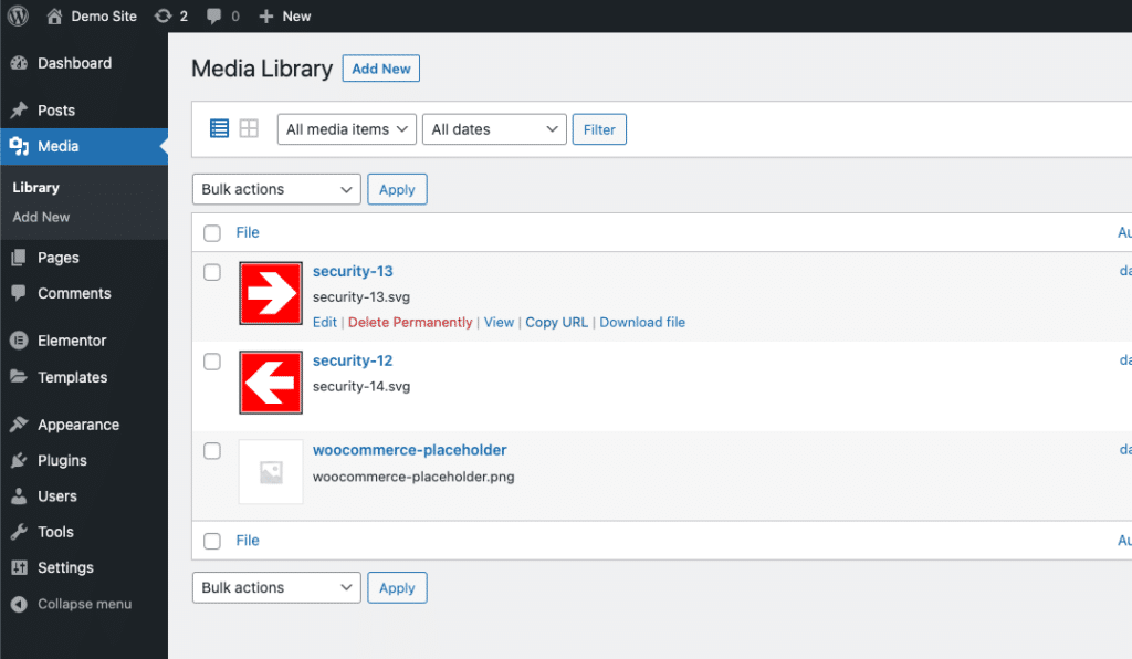 Screenshot of the WordPress Media library in list view showing three files uploaded