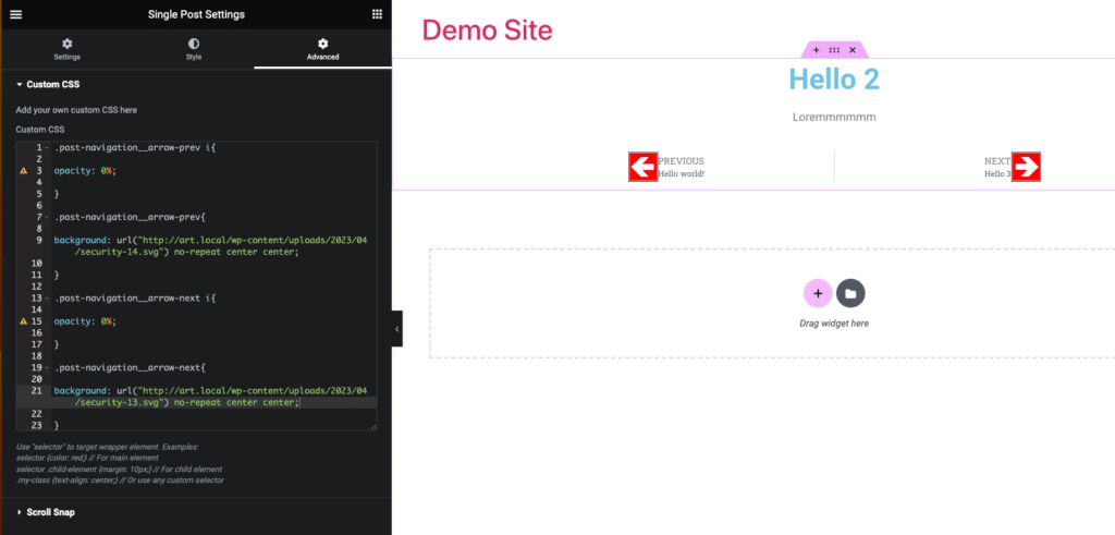 Screenshot of the Elementor Custom CSS pane on the left. The Post navigation widget is shown on the right with the left and right arrows replaced with a red square with a white arrow.