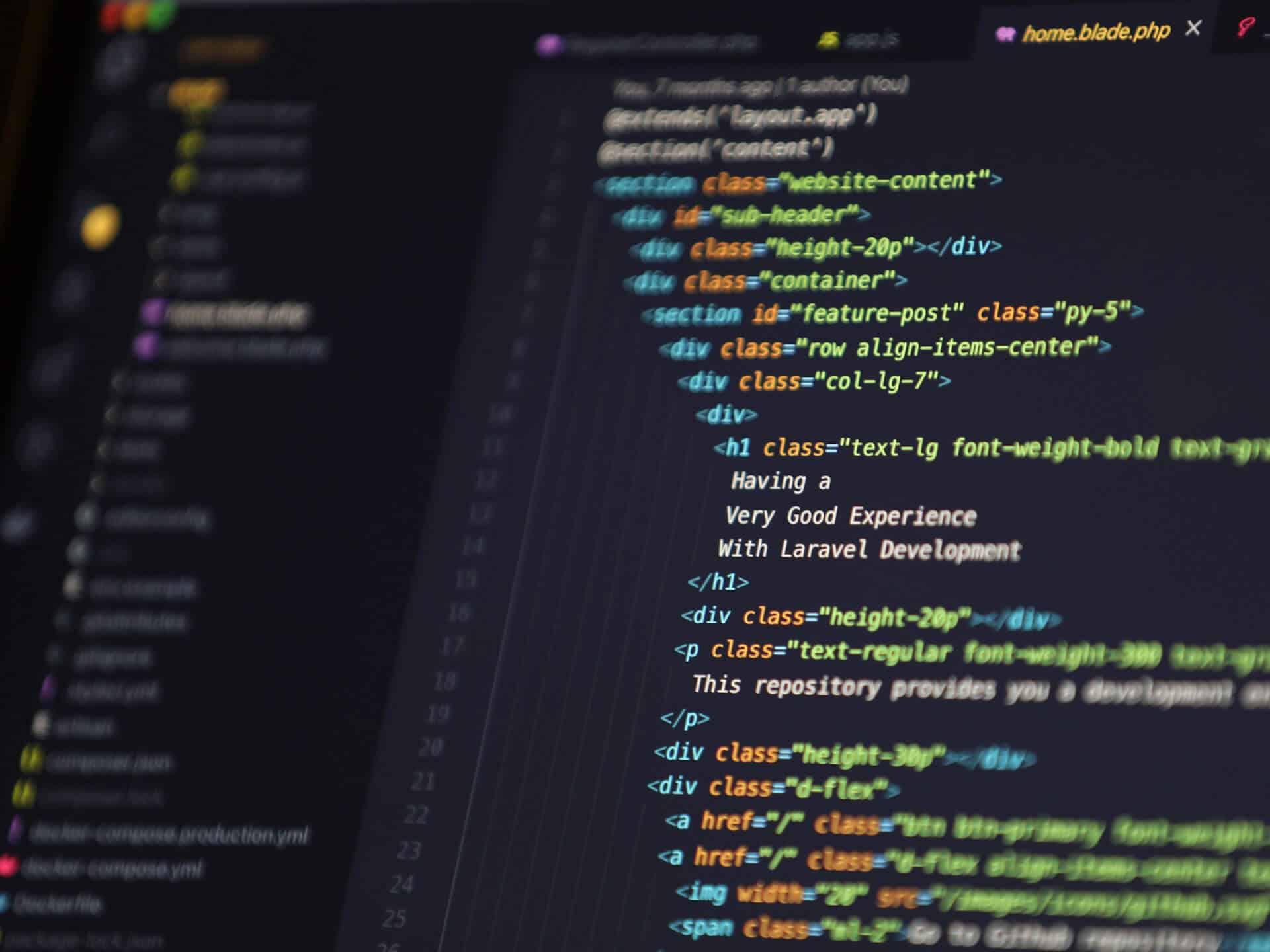 Close-up of code on a computer screen with Laravel PHP.
